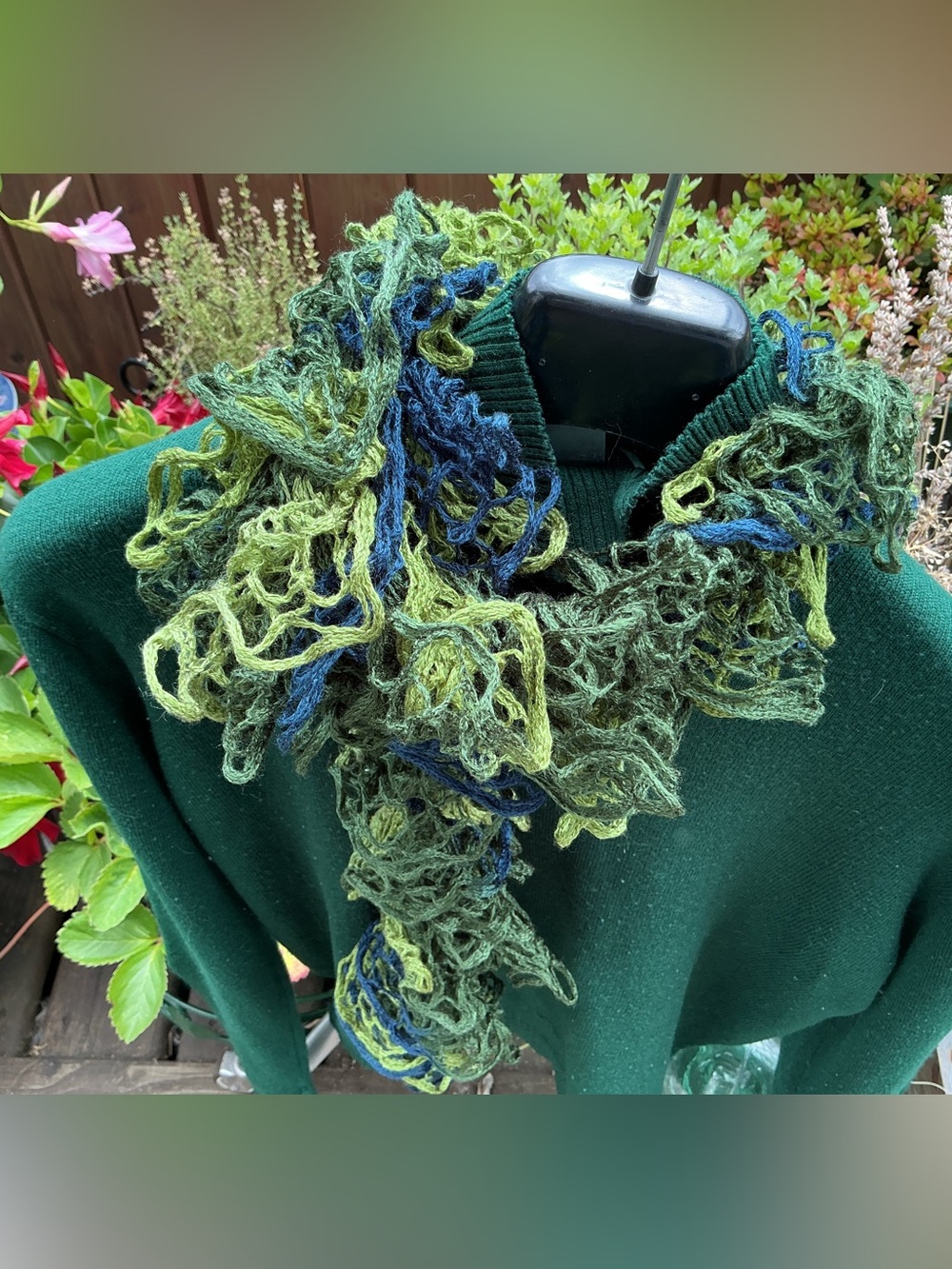 Handmade Ruffled Crochet Scarf in Greens & Blue